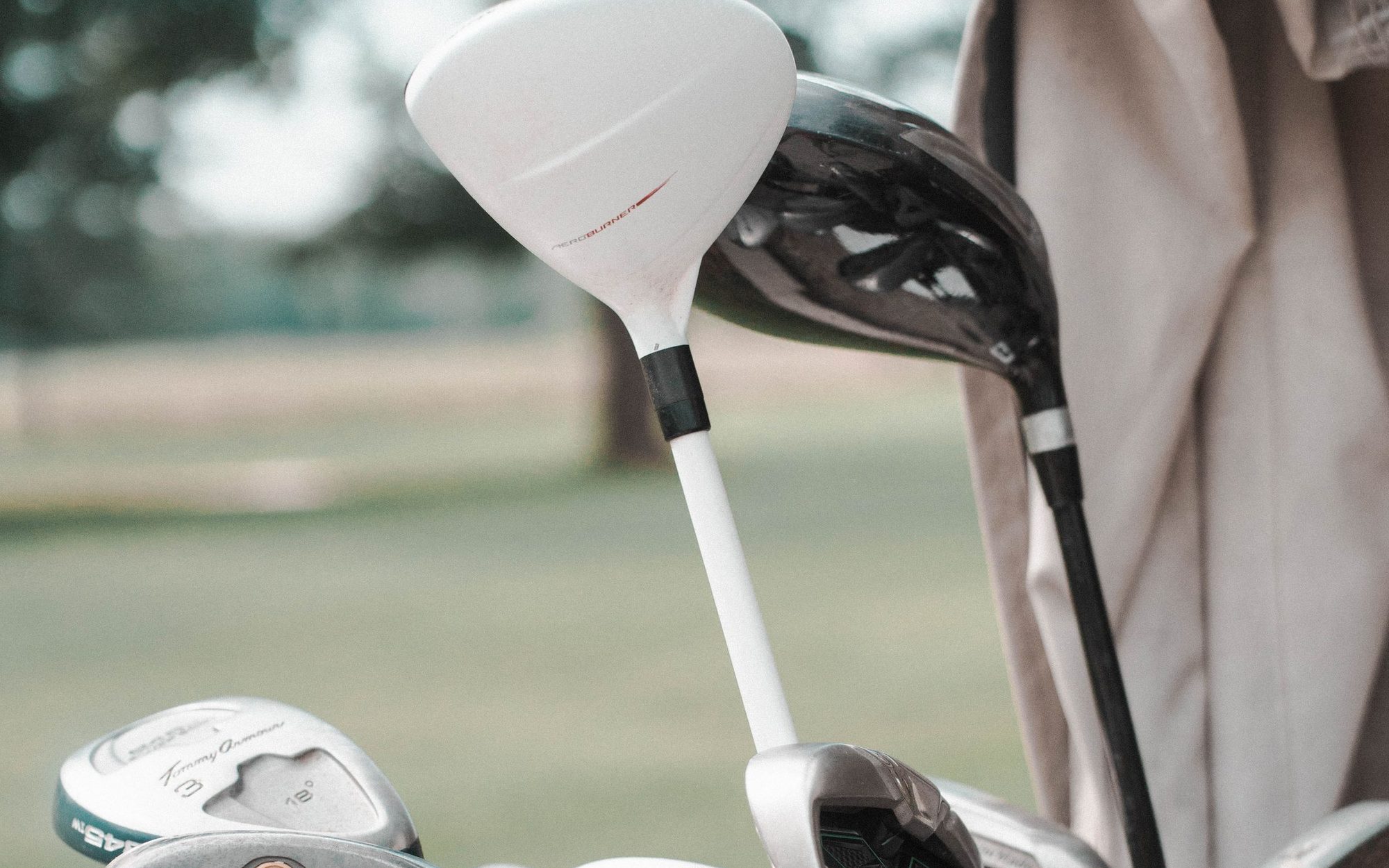 Golf clubs and apparel on display in a pro shop